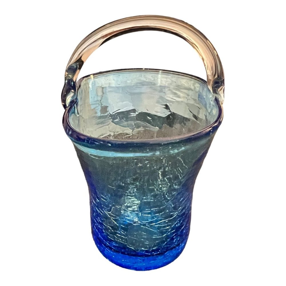 Art Glass Blue Crackled Glass Basket Vase Flower Pot With Handle Hand Blown 3.5" - Picture 5 of 10